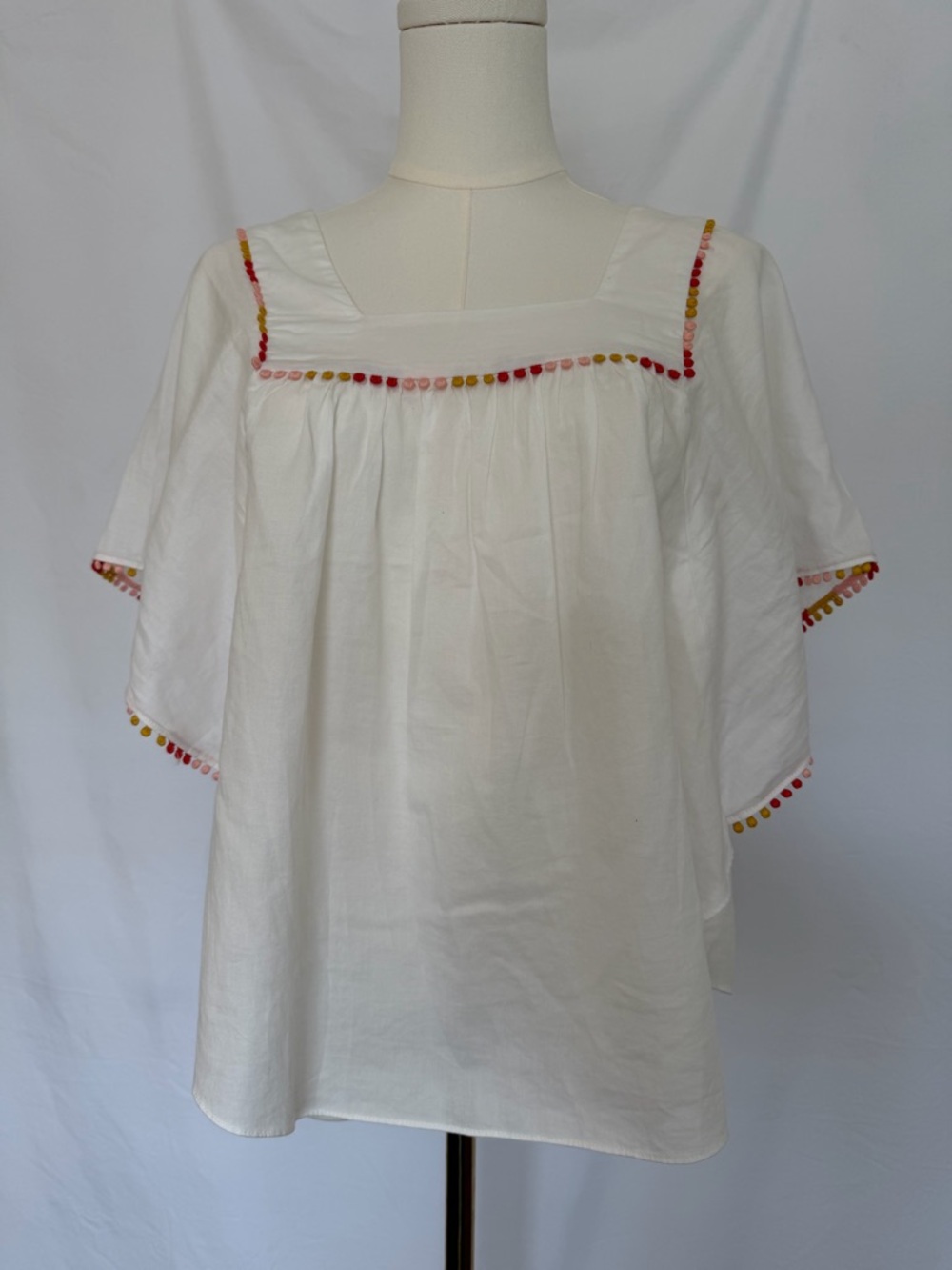 Madewell PomPom Butterfly White Embroidered Square-Neck Blouse Small